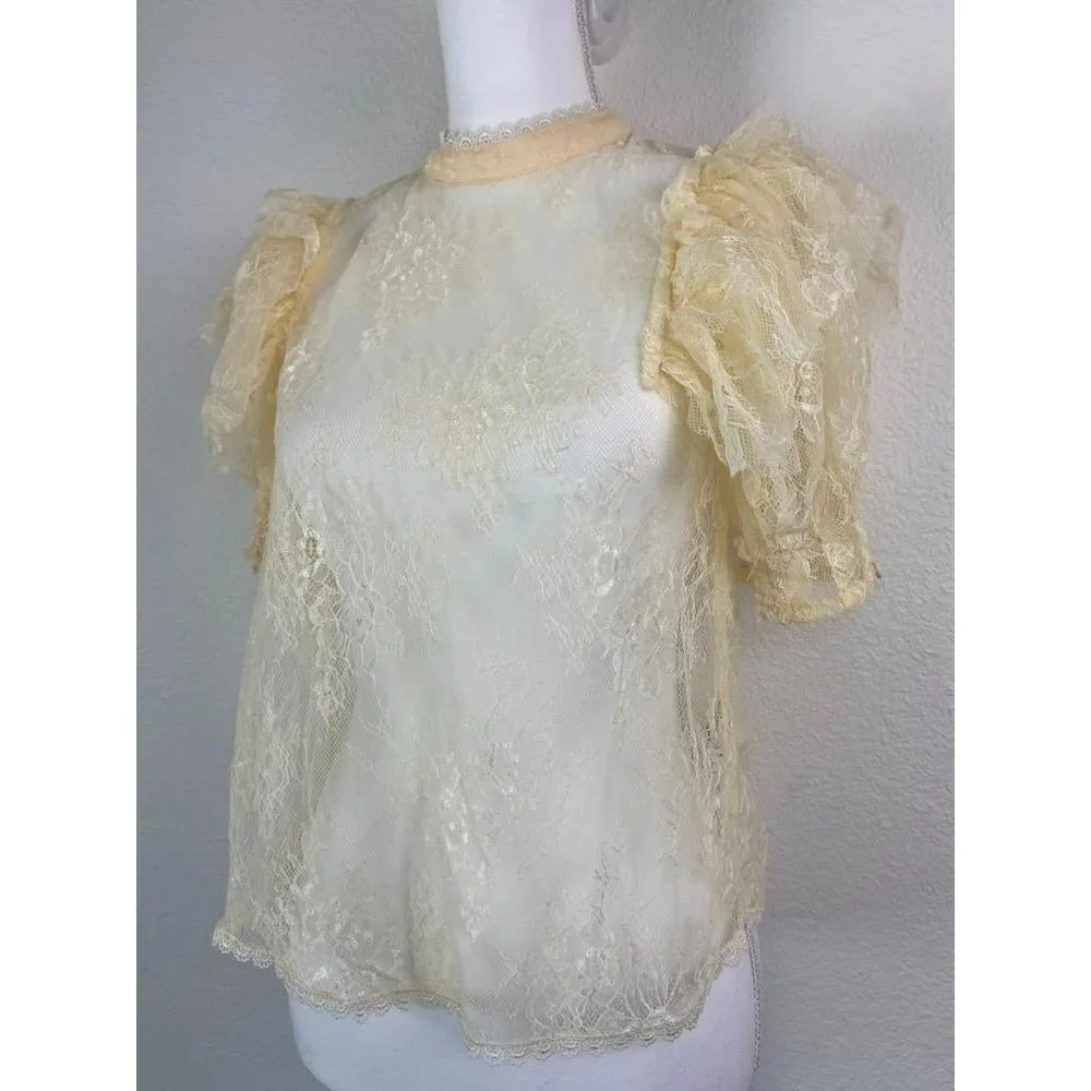Free People‎ women's XS cream overlay lace puff high neck sleeve blouse